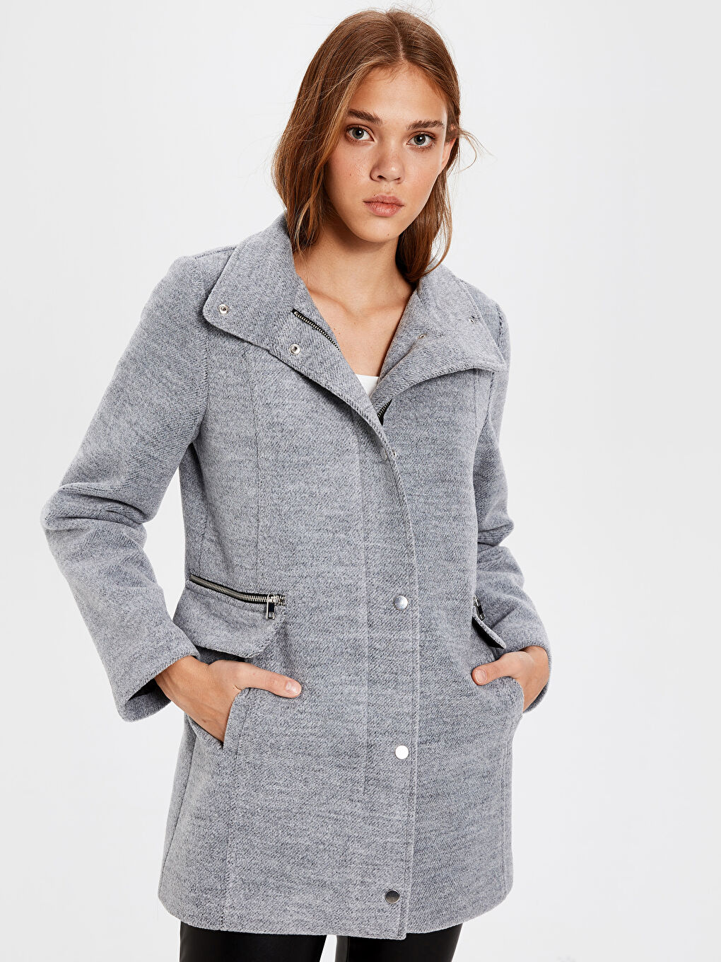 Gri Uzun Kollu Kadın Kaşe Kaban-2