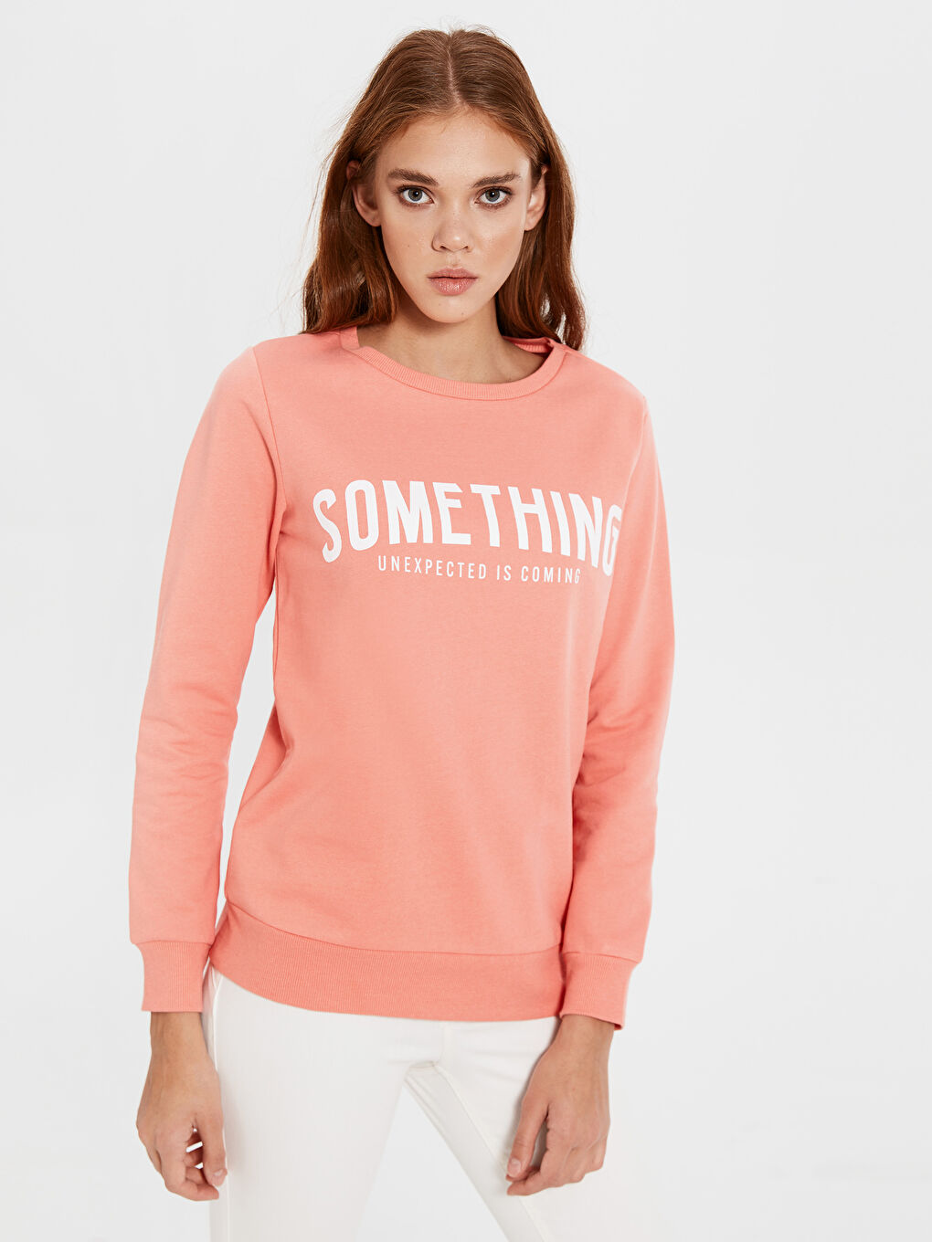 Mercan Bisiklet Yaka Baskılı Uzun Kollu Kadın Sweatshirt