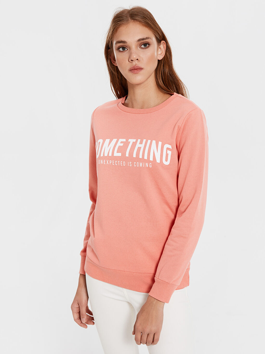 Mercan Bisiklet Yaka Baskılı Uzun Kollu Kadın Sweatshirt-2