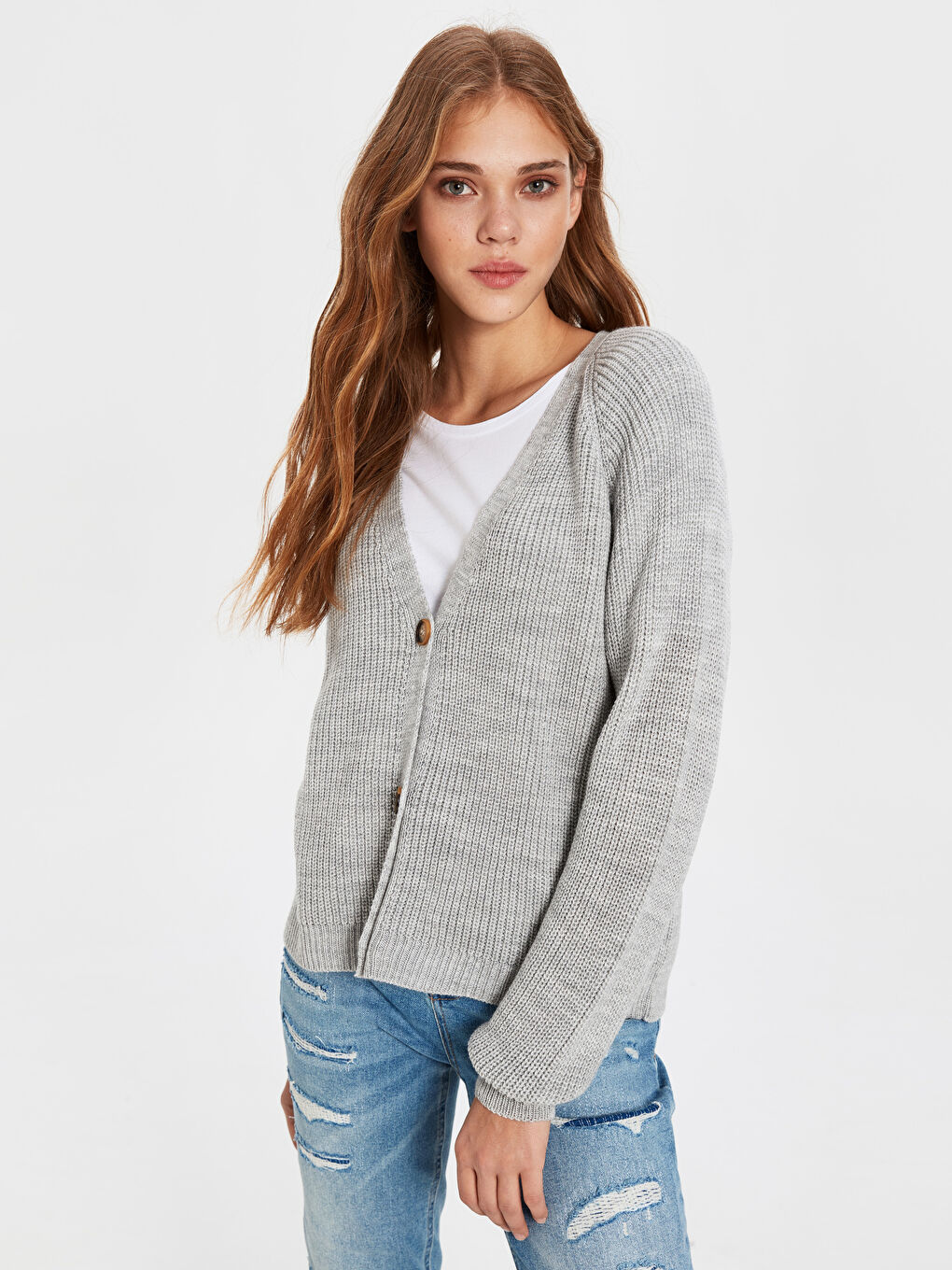 Gri V Yaka Düz Uzun Kollu Kadın Hırka