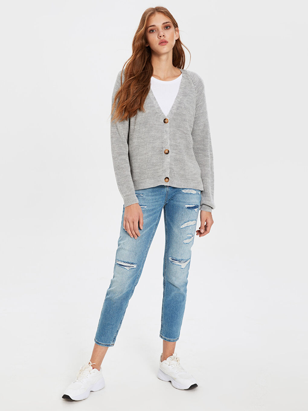 Gri V Yaka Düz Uzun Kollu Kadın Hırka-3