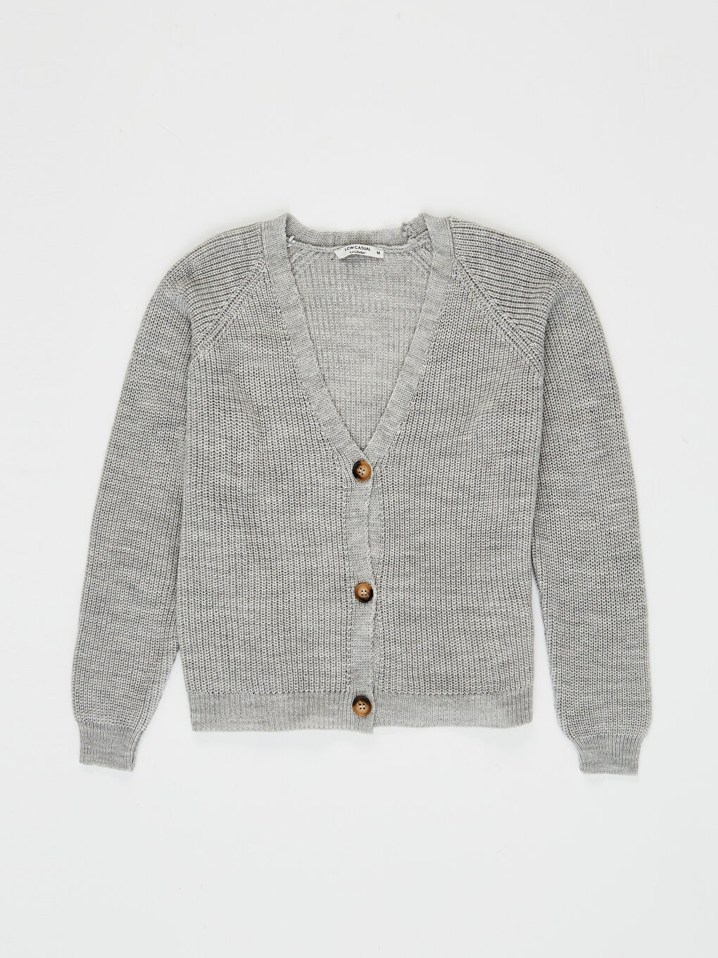 Gri V Yaka Düz Uzun Kollu Kadın Hırka-1