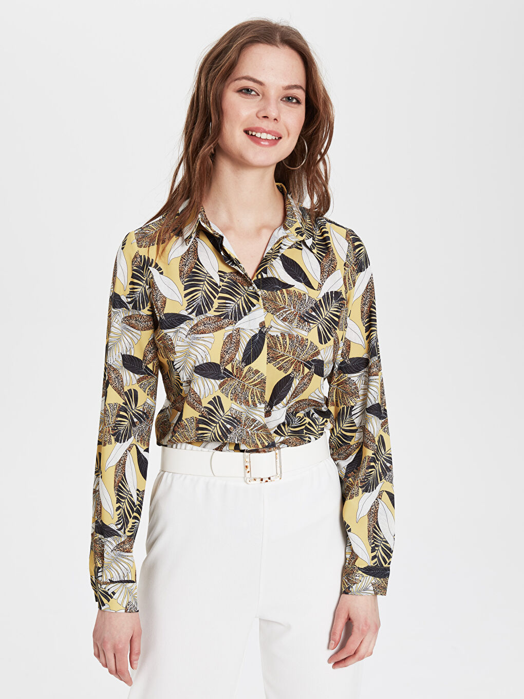 Sarı Önden Düğme Kapamalı Desenli Uzun Kollu Kadın Gömlek-1