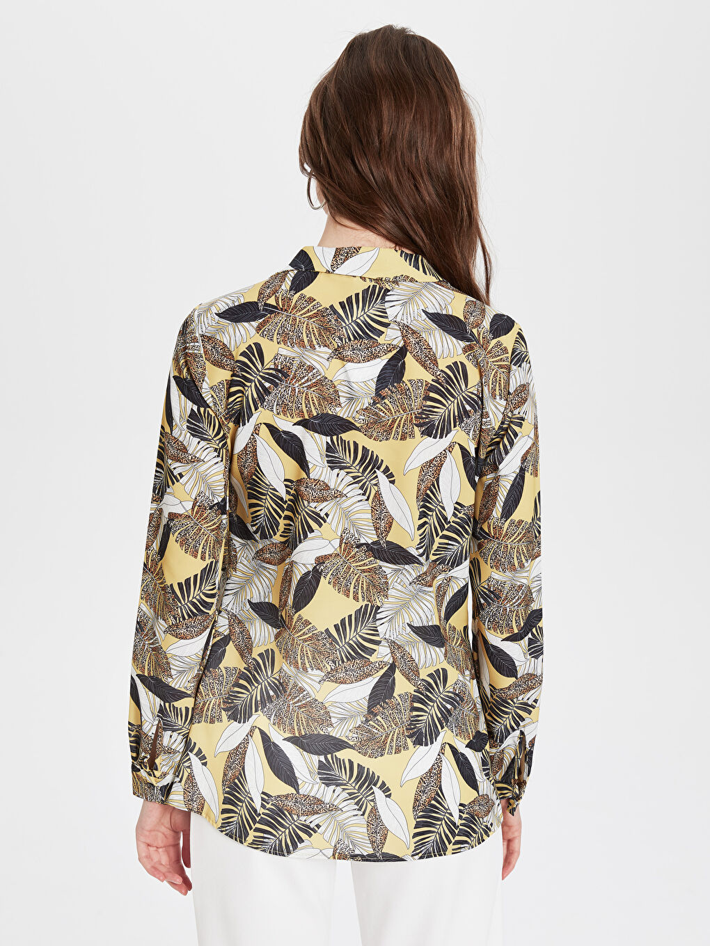 Sarı Önden Düğme Kapamalı Desenli Uzun Kollu Kadın Gömlek-2