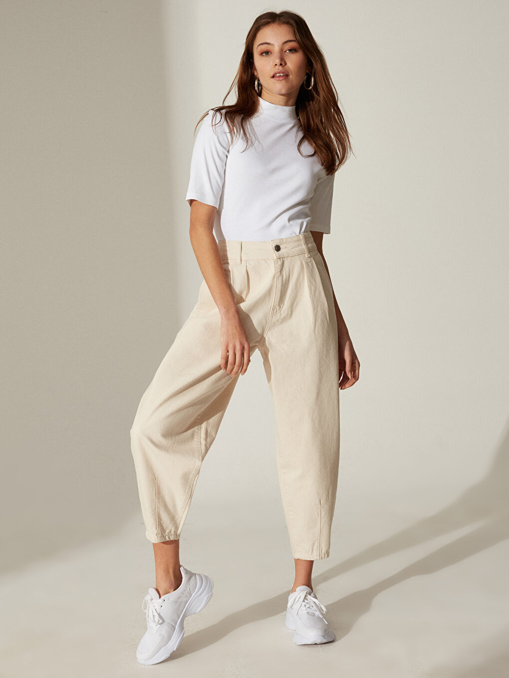 Ekru Rahat Kalıp Poplin Kadın Pantolon-2