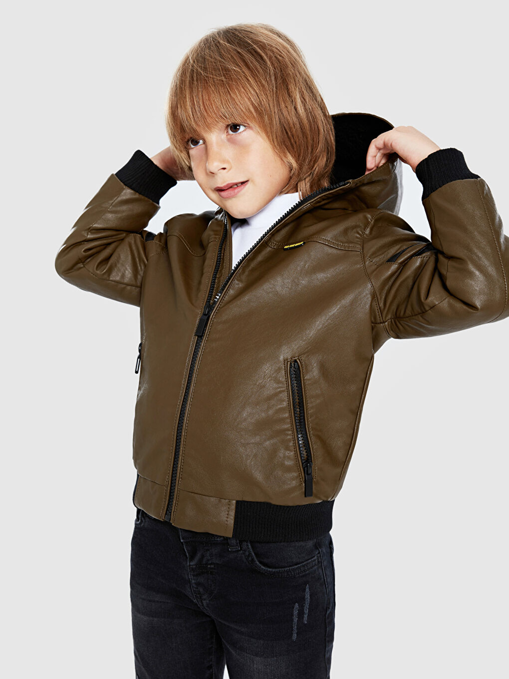 Hooded Leather Look Boy Jacket