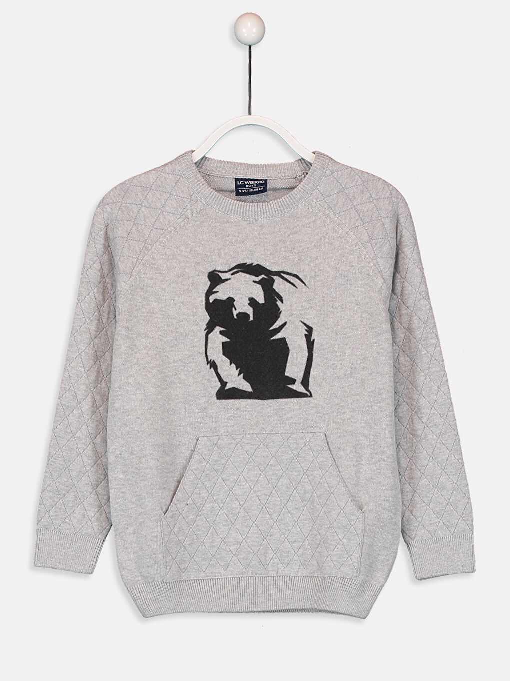 Gri Bisiklet Yaka Desenli Uzun Kollu Erkek Çocuk Triko Kazak