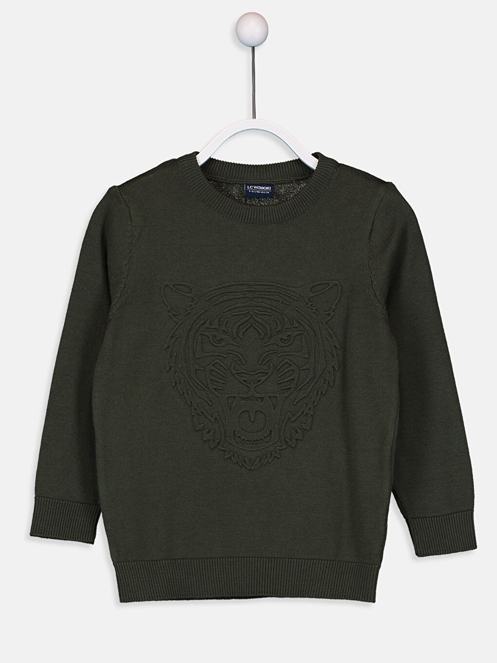 Haki Bisiklet Yaka Desenli Uzun Kollu Erkek Çocuk Triko Kazak