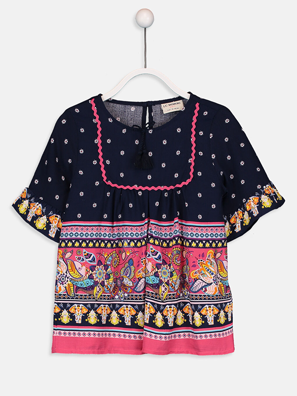 Crew Neck Patterned Short Sleeve Viscose Girls Blouse