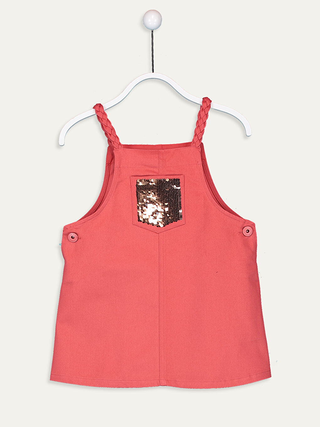 Kırmızı Kare Yaka Pul İşlemeli Kız Çocuk Salopet Elbise