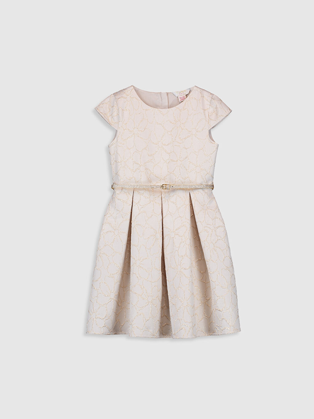 Ekru Bisiklet Yaka Kısa Kollu Kız Çocuk Elbise