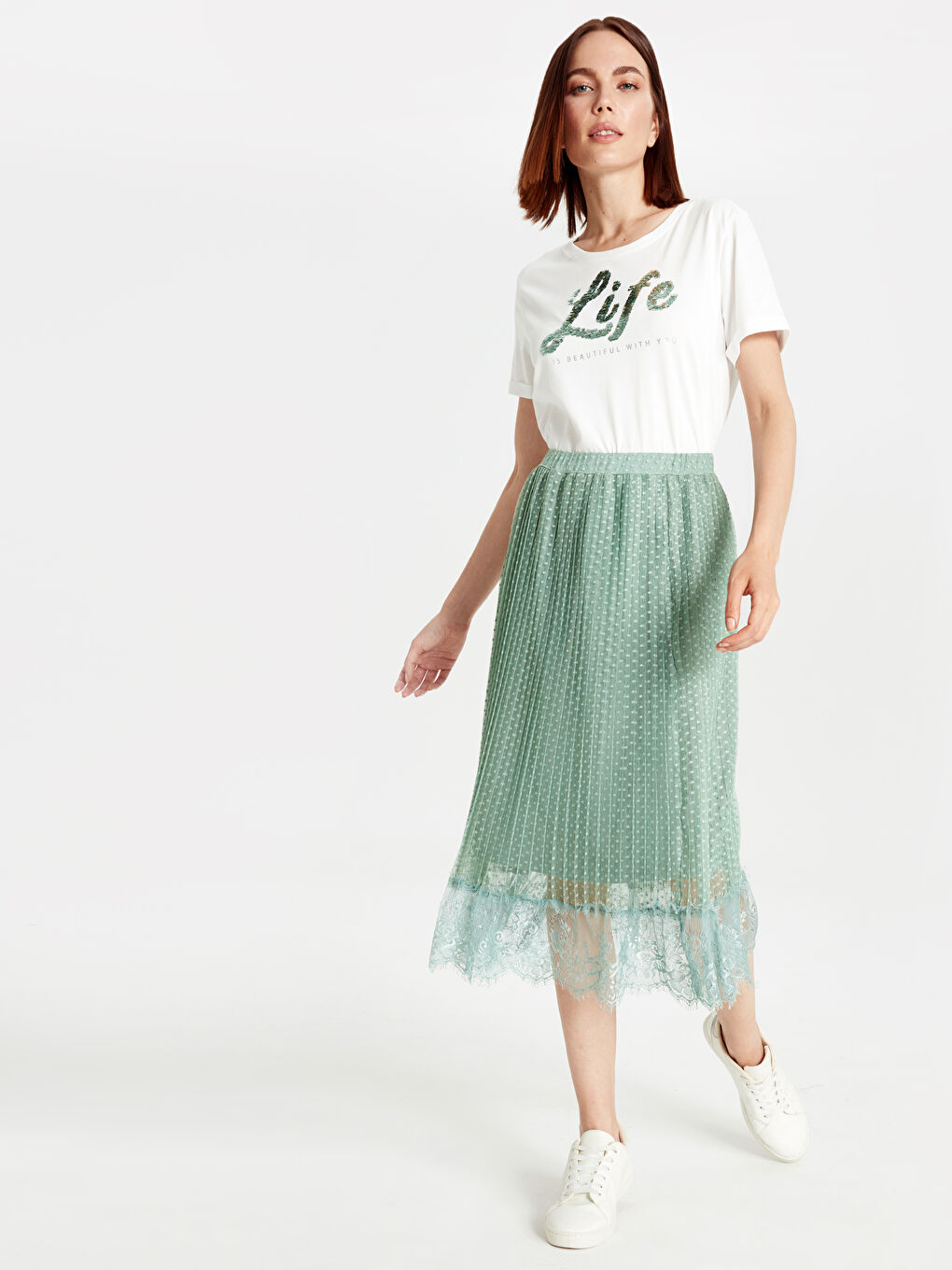 Yeşil Beli Lastikli Dantel Etek Anne Kız Kombini