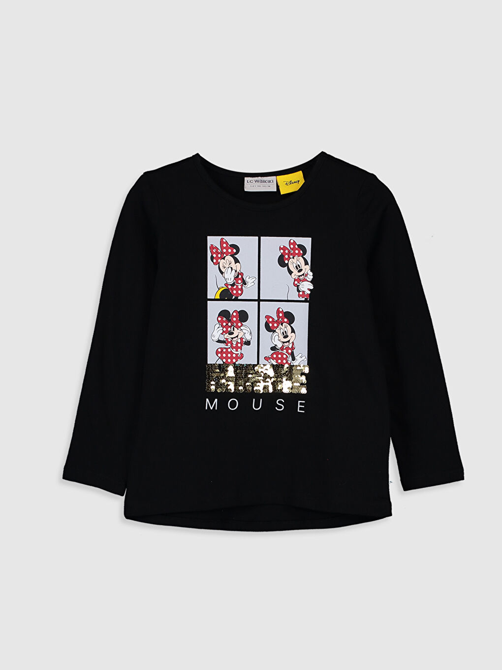 Siyah Kız Çocuk Minnie Mouse Çift Yönlü Payetli Pamuklu Tişört-1
