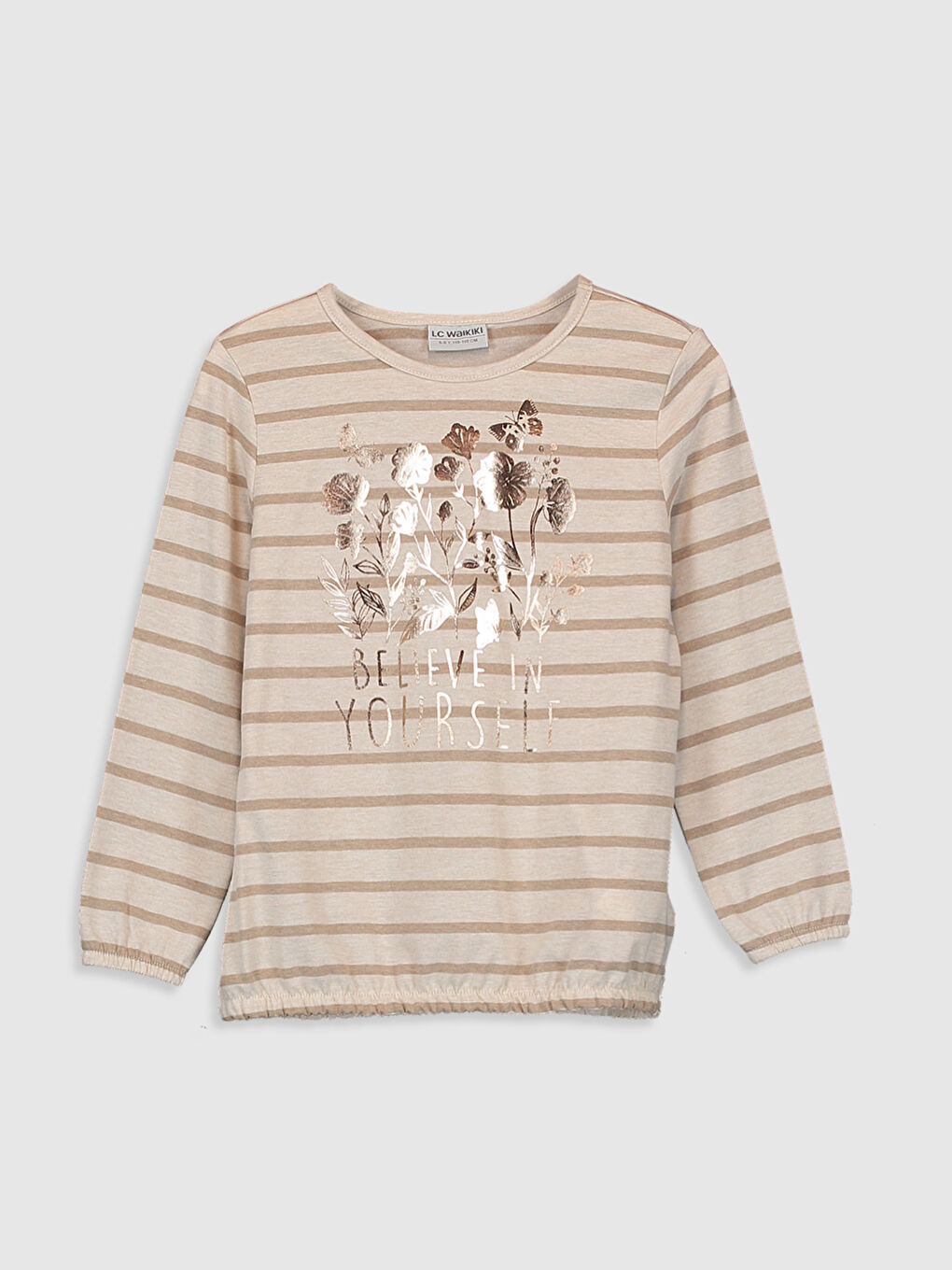 Ekru Bisiklet Yaka Uzun Kollu Kız Çocuk Tişört