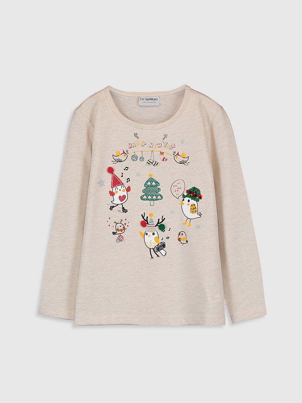 Ekru Bisiklet Yaka Uzun Kollu Kız Çocuk Tişört