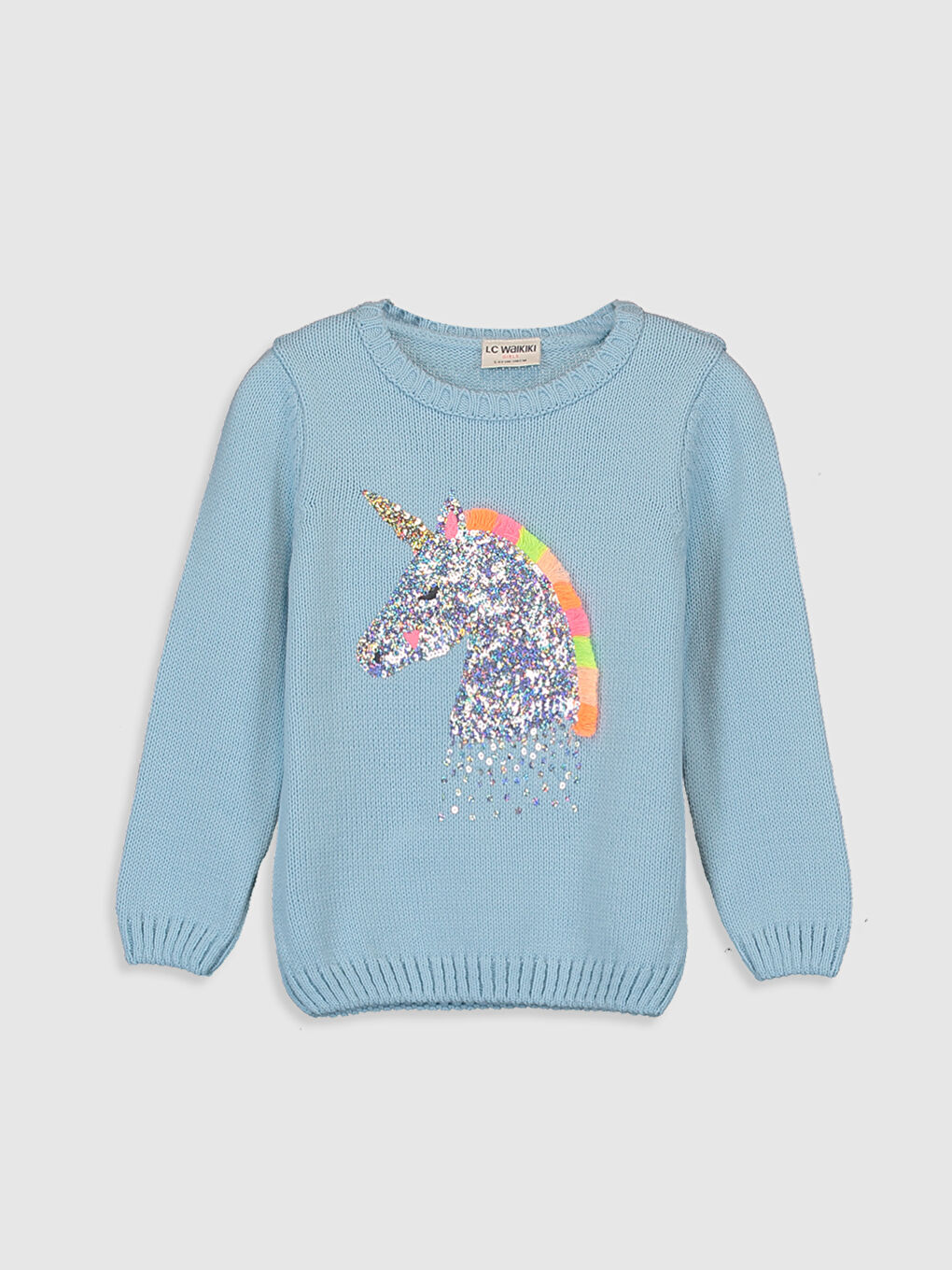 Mavi Bisiklet Yaka Desenli Pul İşlemeli Uzun Kollu Kız Çocuk Kalın Triko Kazak