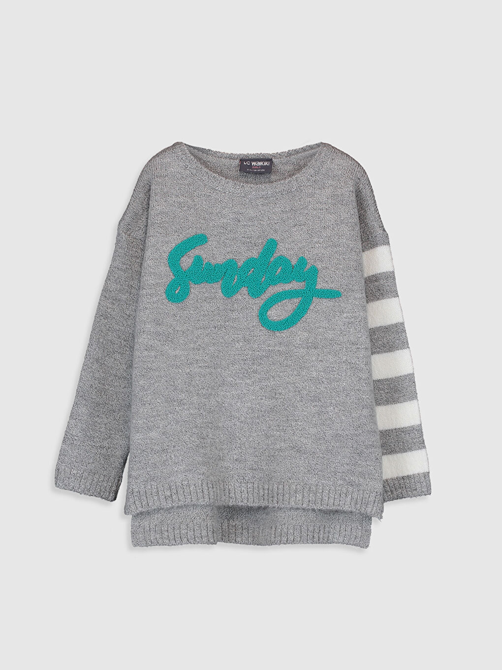 Gri Bisiklet Yaka Nakış Detaylı Uzun Kollu Kız Çocuk Kalın Triko Kazak