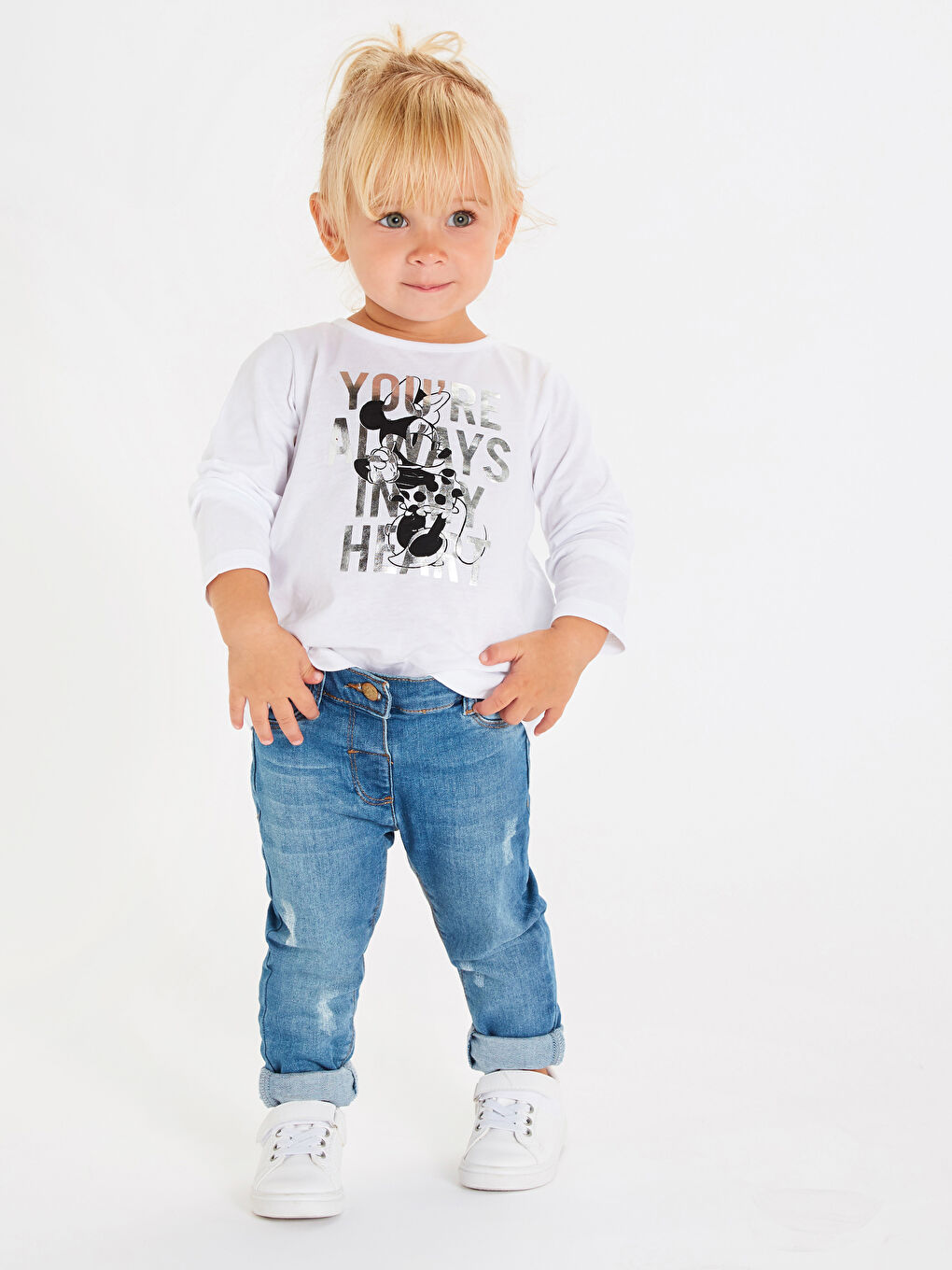 Beyaz Kız Bebek Minnie Mouse Pamuklu Tişört Anne Kız Kombini-1