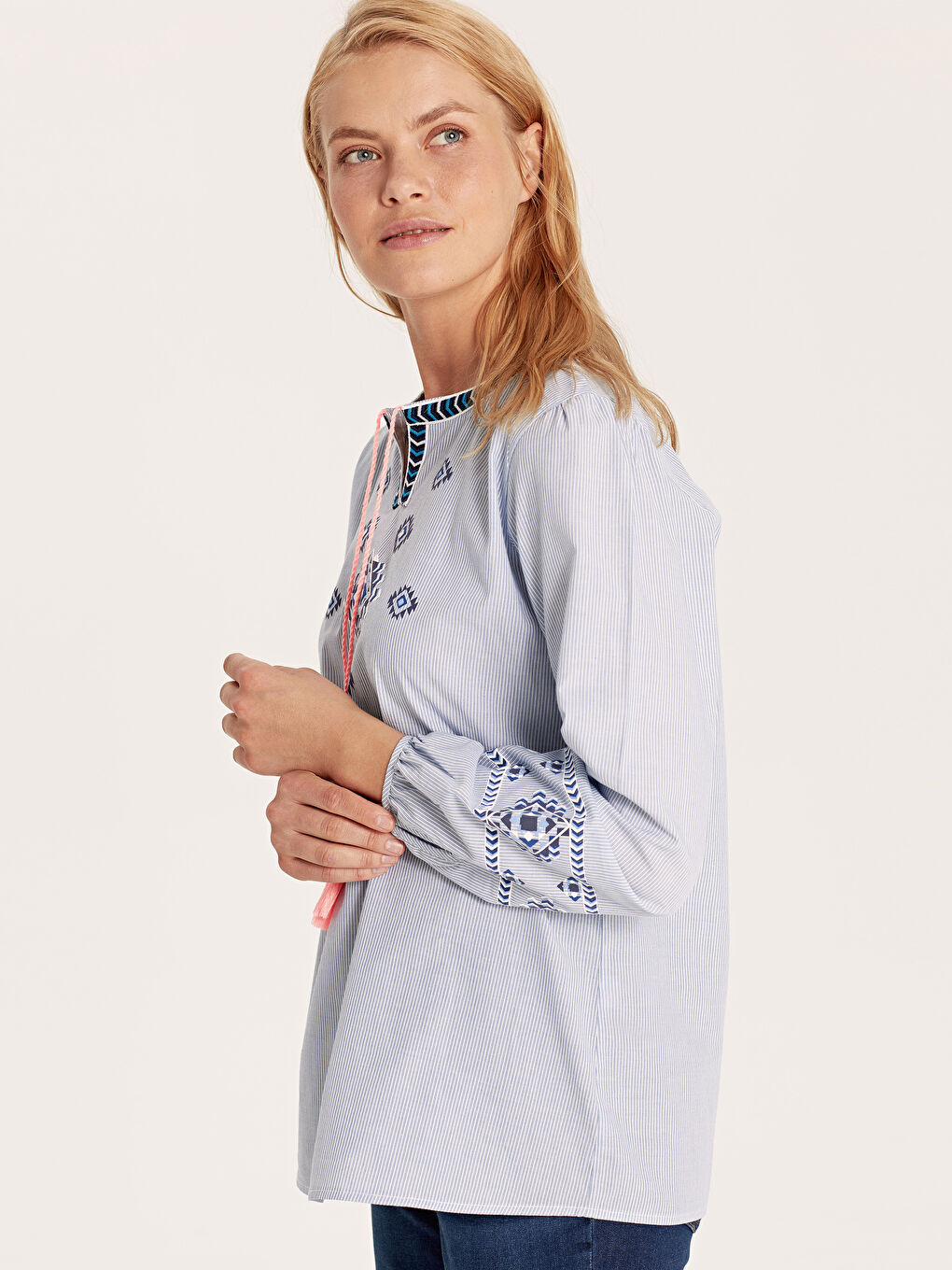 Mavi Nakışlı Çizgili Poplin Bluz Anne Kız Kombini-1