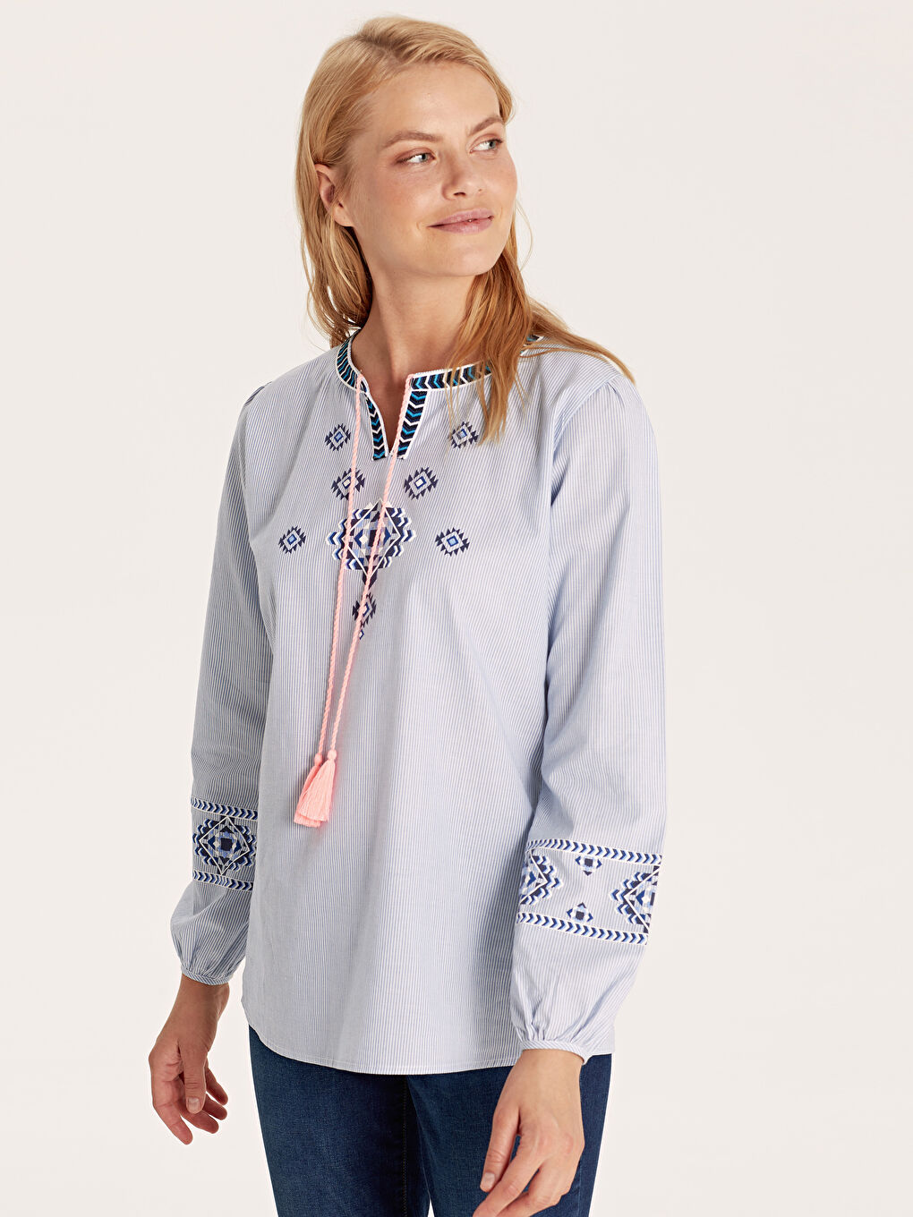 Mavi Nakışlı Çizgili Poplin Bluz Anne Kız Kombini-2