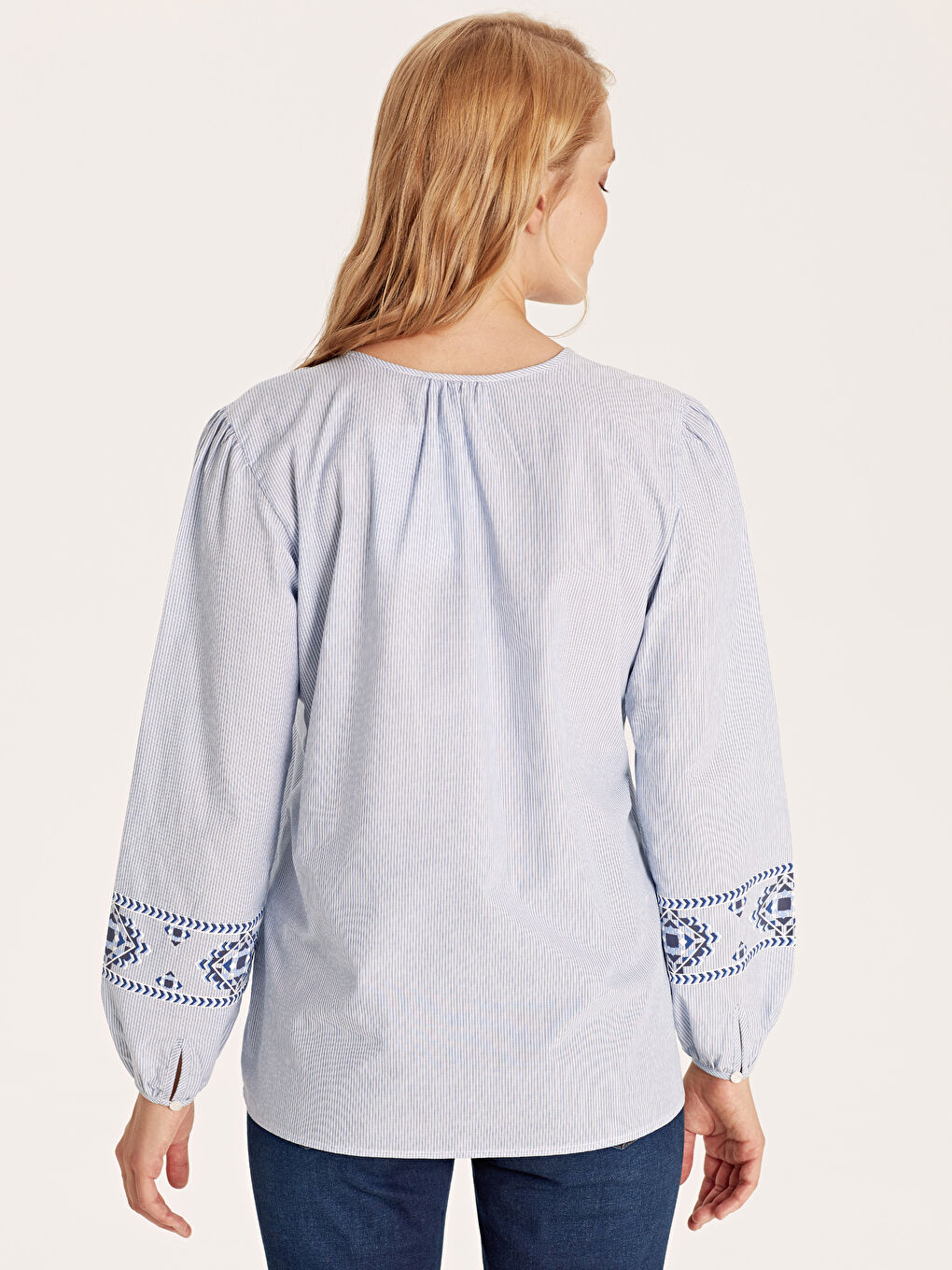 Mavi Nakışlı Çizgili Poplin Bluz Anne Kız Kombini-3