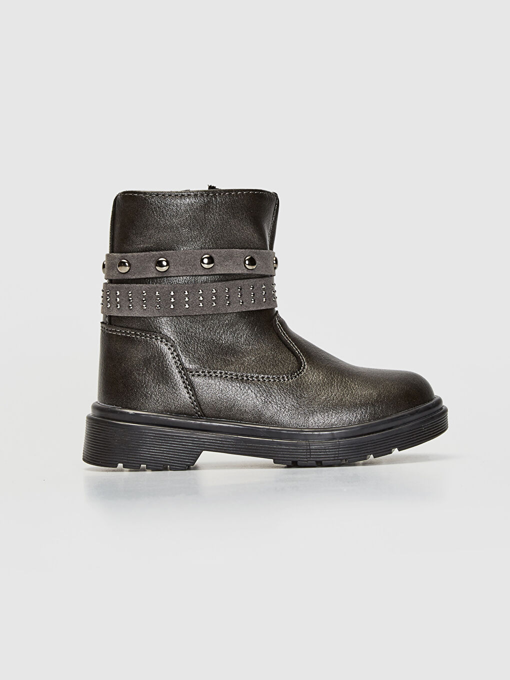 Antrasit Deri Görünümlü Fermuarlı Kız Çocuk Bot