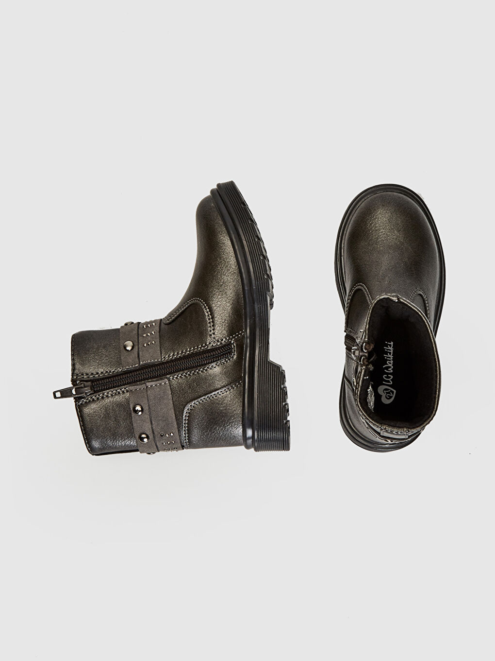 Antrasit Deri Görünümlü Fermuarlı Kız Çocuk Bot-1