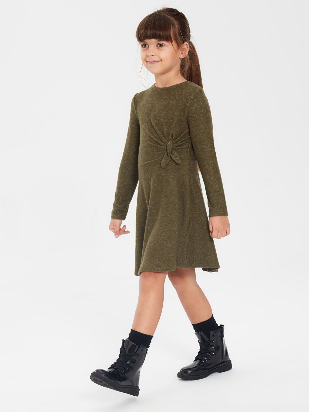 Haki Kız Çocuk Büzgü Detaylı Uzun Kollu Elbise Anne Kız Kombini
