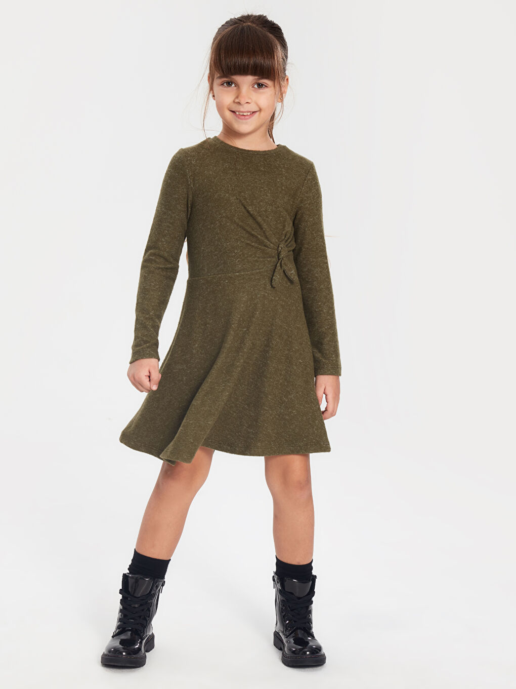Haki Kız Çocuk Büzgü Detaylı Uzun Kollu Elbise Anne Kız Kombini-1