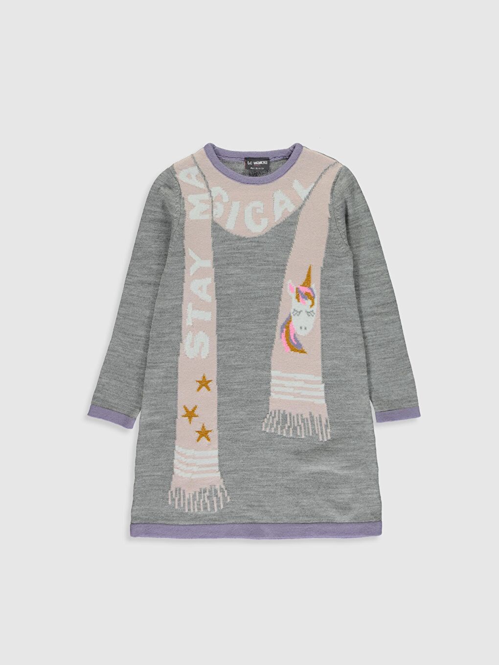 Gri Bisiklet Yaka Desenli Uzun Kollu Kız Çocuk Triko Elbise