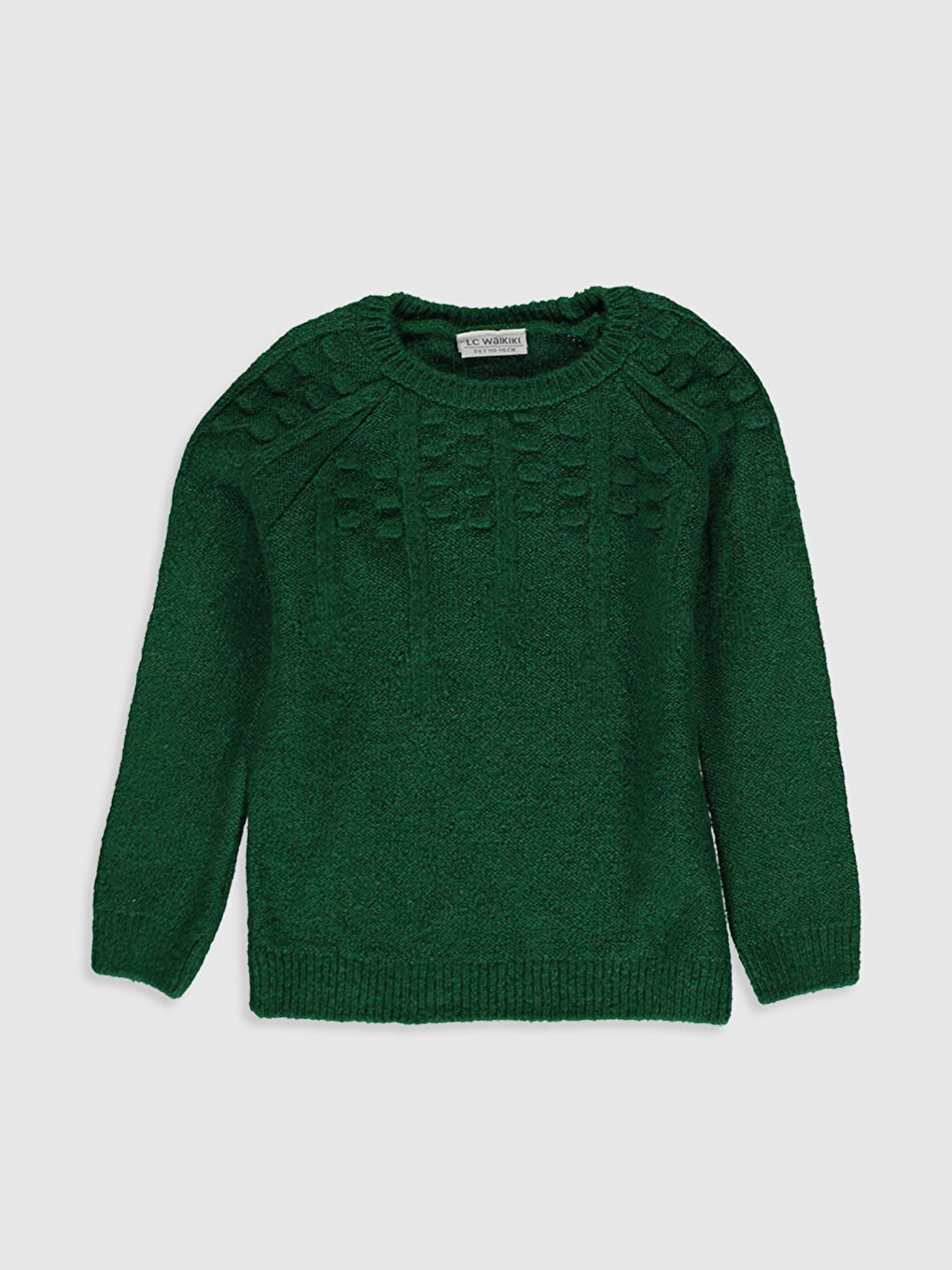 Yeşil Bisiklet Yaka Kendinden Desenli Uzun Kollu İnce Kız Çocuk Triko Kazak