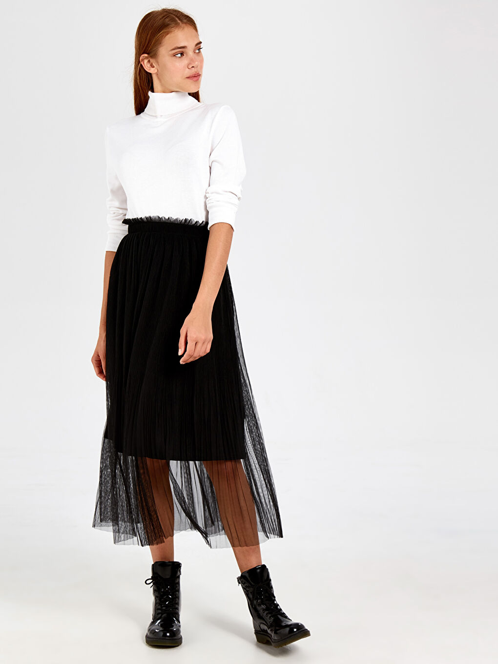 Siyah Tül Detaylı Pileli Kadın Etek Anne Kız Kombini-1