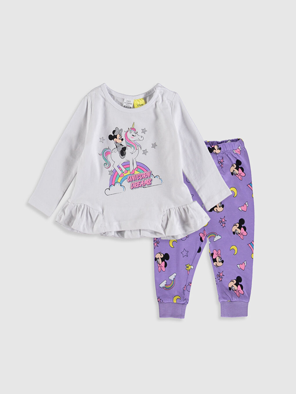 Beyaz Bisiklet Yaka Uzun Kol Minnie Mouse Baskılı Kız Bebek Pijama Takımı