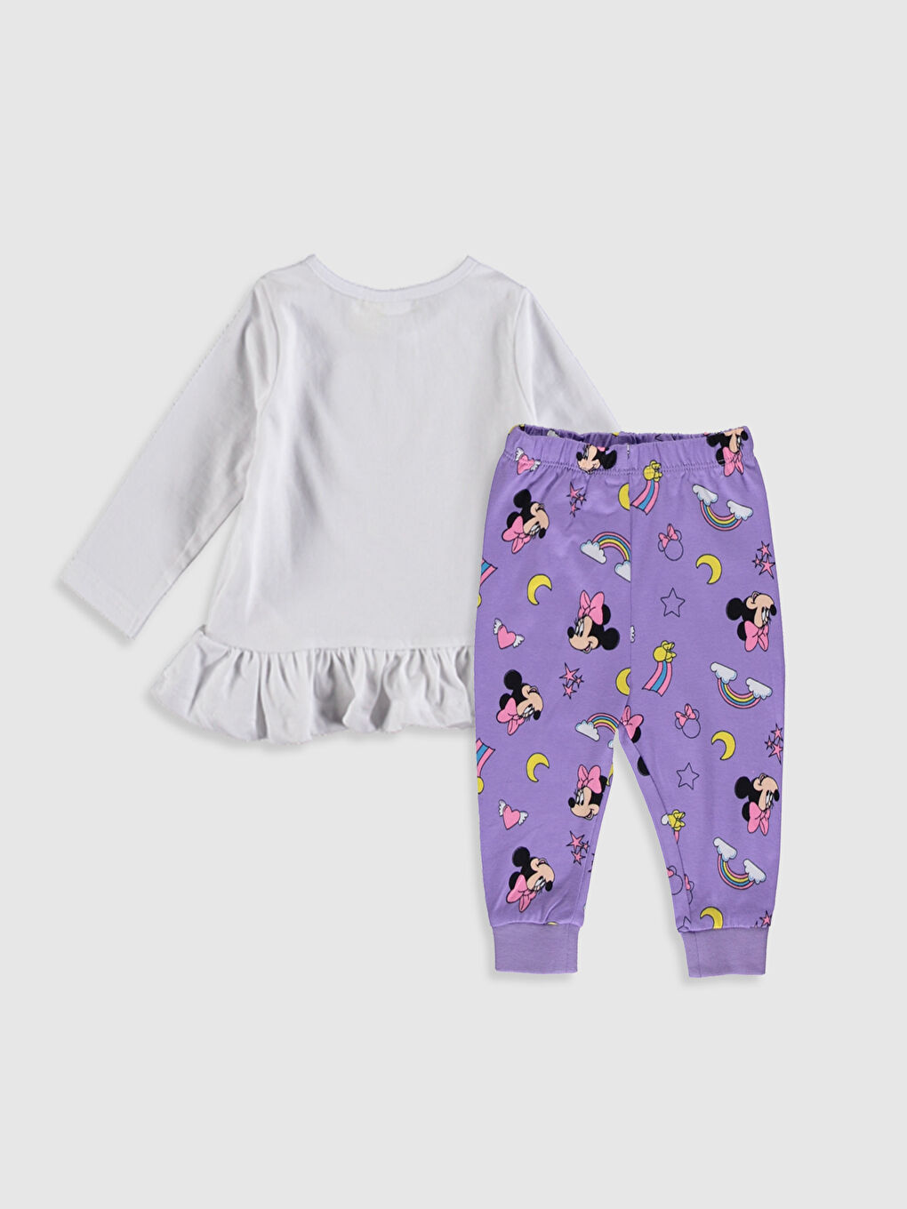 Beyaz Bisiklet Yaka Uzun Kol Minnie Mouse Baskılı Kız Bebek Pijama Takımı-1
