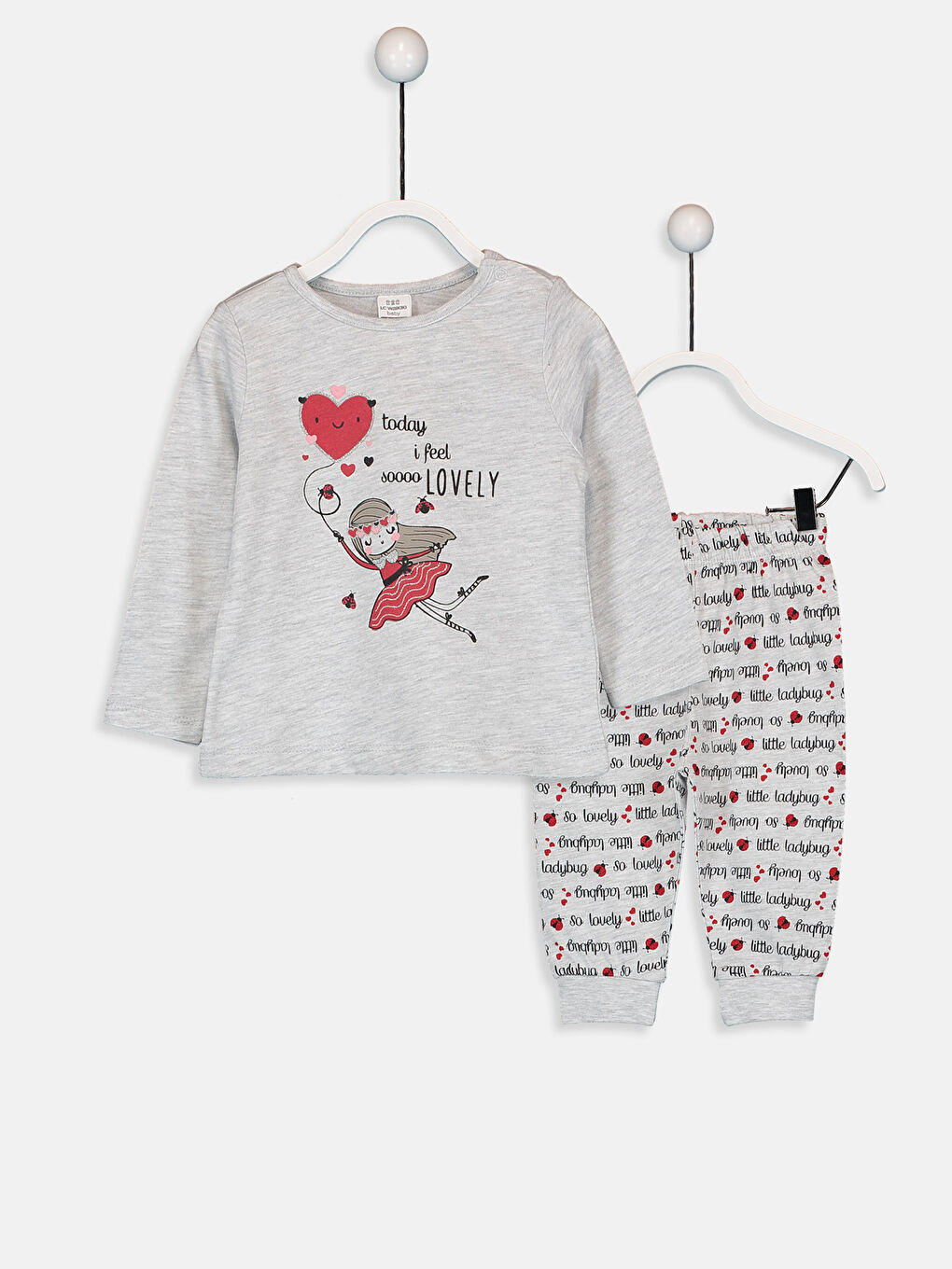 Beyaz Bisiklet Yaka Uzun Kol Baskılı Kız Bebek Pijama Takımı