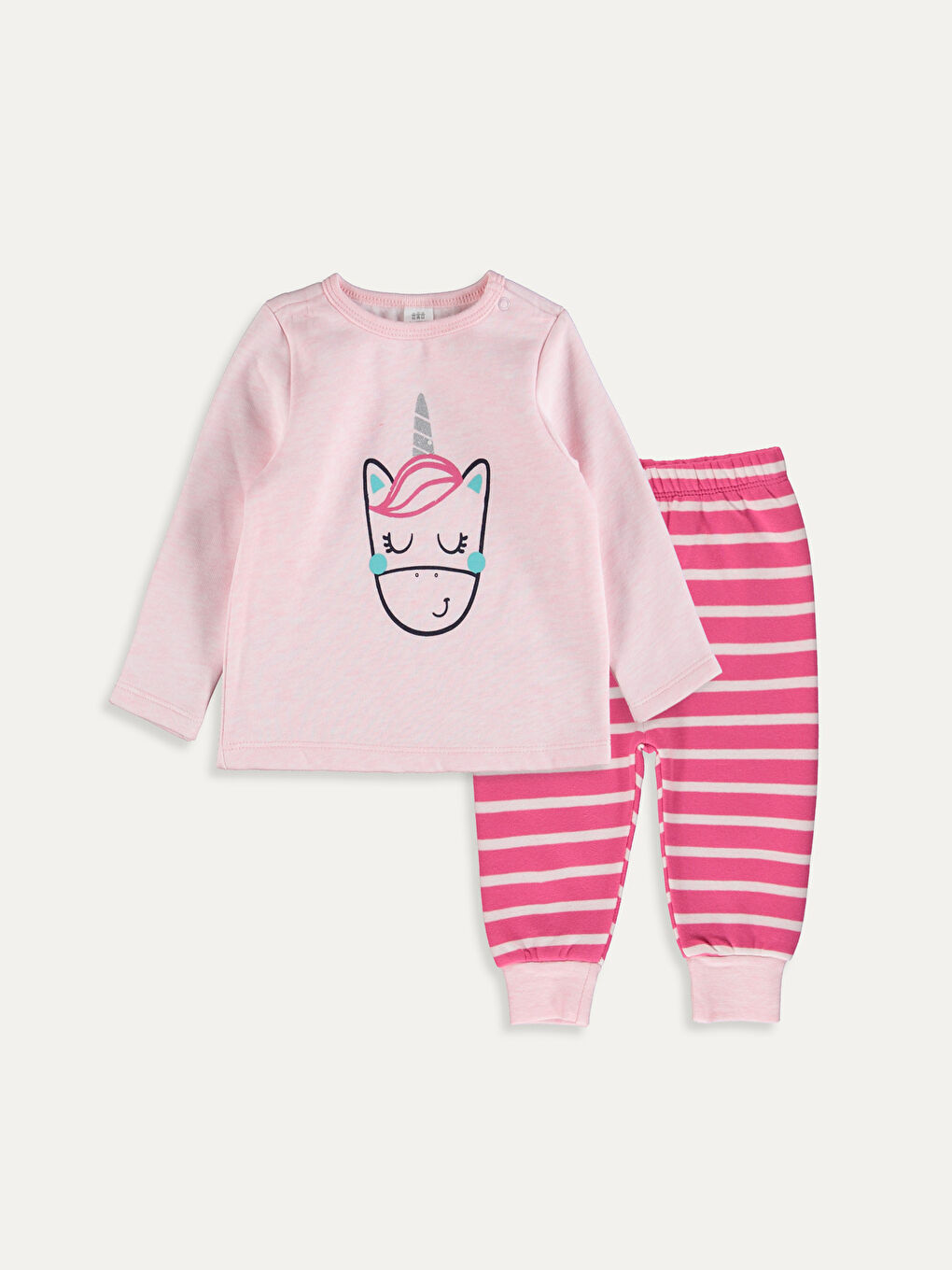 Pembe Bisiklet Yaka Uzun Kol Baskılı Kız Bebek Pijama Takımı