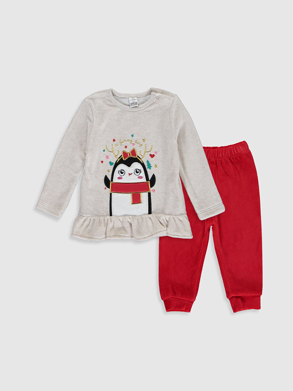 Bej Bisiklet Yaka Uzun Kol Baskılı Kız Bebek Pijama Takımı