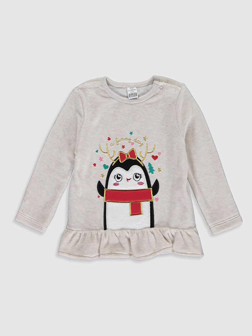 Bej Bisiklet Yaka Uzun Kol Baskılı Kız Bebek Pijama Takımı-2