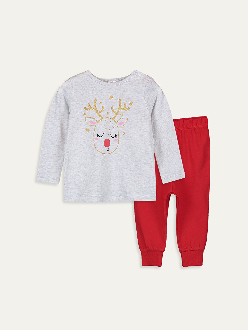 Gri Bisiklet Yaka Uzun Kol Baskılı Kız Bebek Pijama Takımı