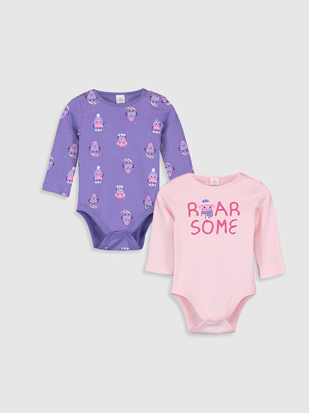 Pembe Bisiklet Yaka Uzun Kol Kız Bebek Çıtçıtlı Body 2'li