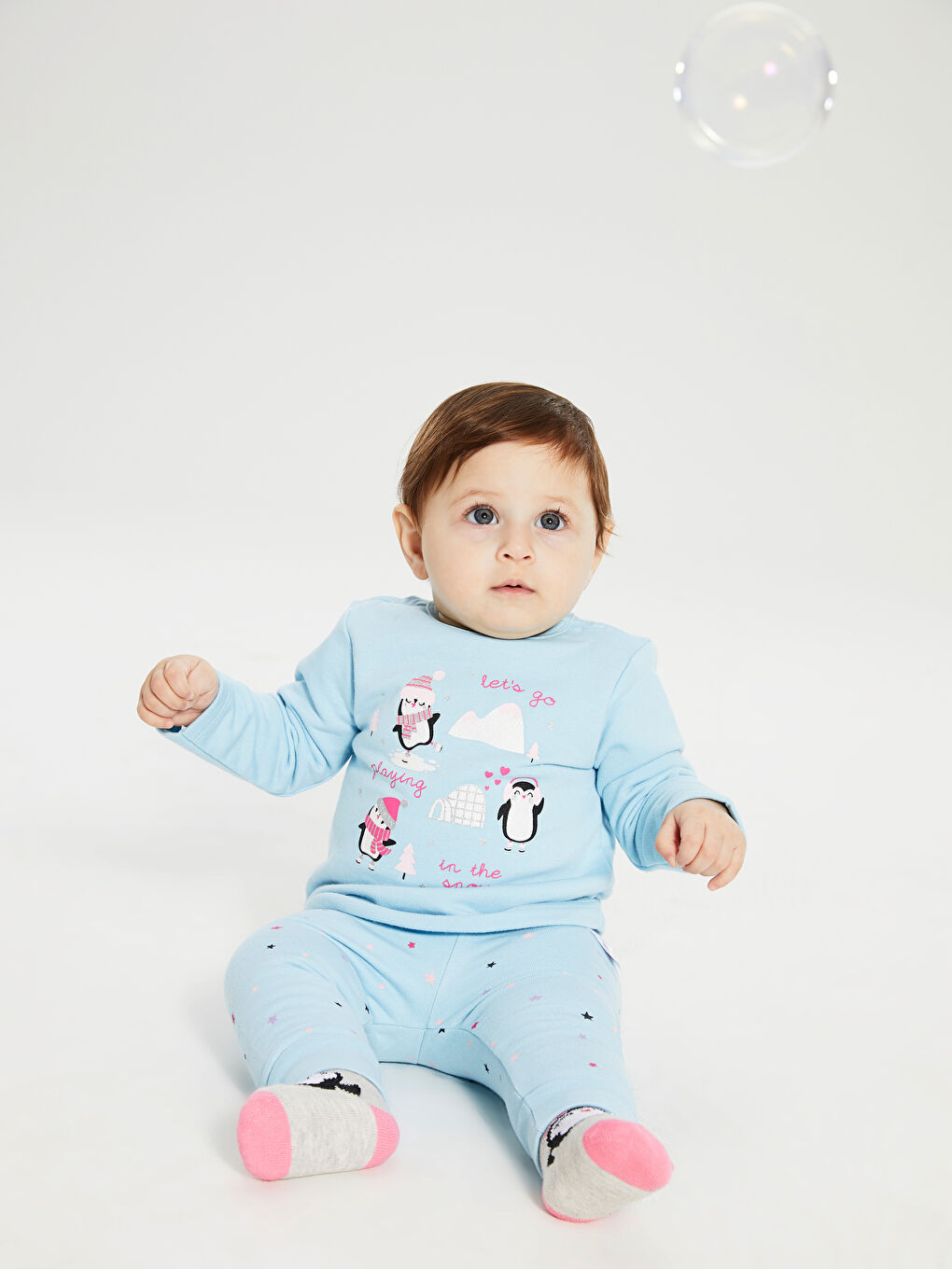 Mavi Kız Bebek Baskılı Pamuklu Pijama Takımı