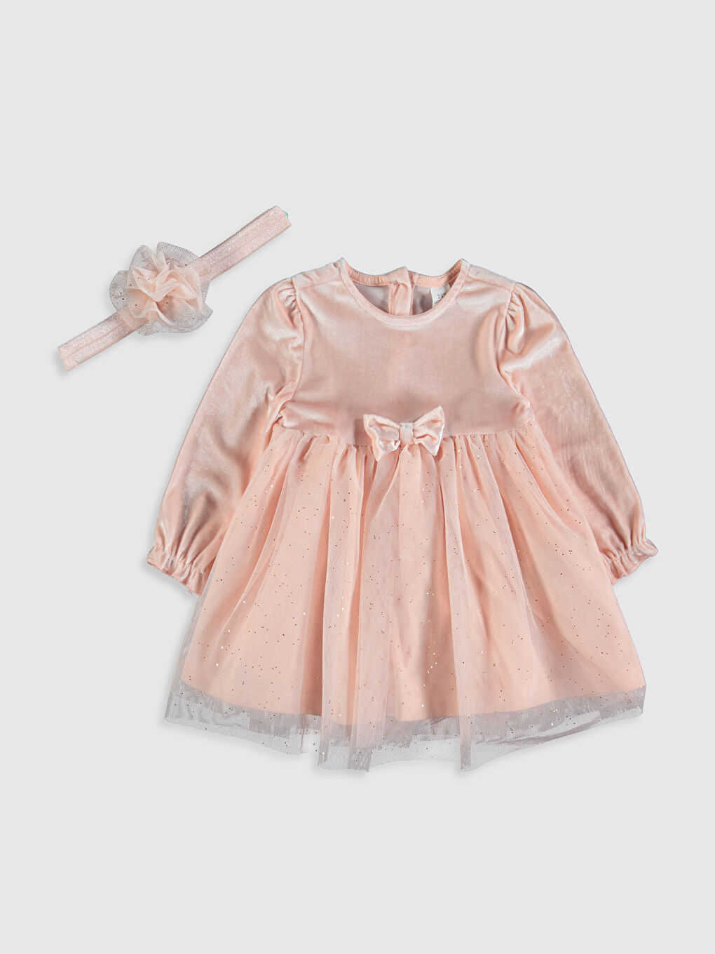 Pembe Bisiklet Yaka Uzun Kollu Kız Bebek Elbise ve Saç Bandı 2'li Takım