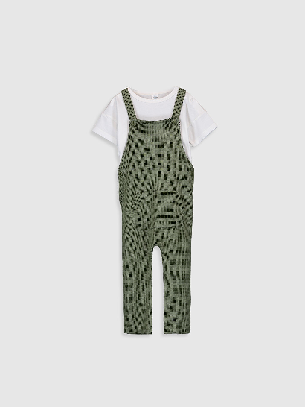 Ekru Bisiklet Yaka Kısa Kollu Erkek Bebek Tişört ve Salopet 2'li Takım