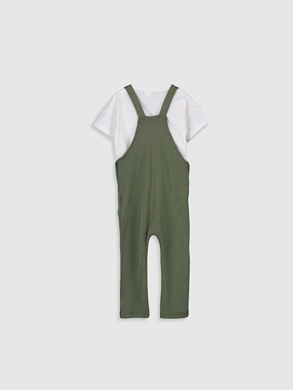 Ekru Bisiklet Yaka Kısa Kollu Erkek Bebek Tişört ve Salopet 2'li Takım-1