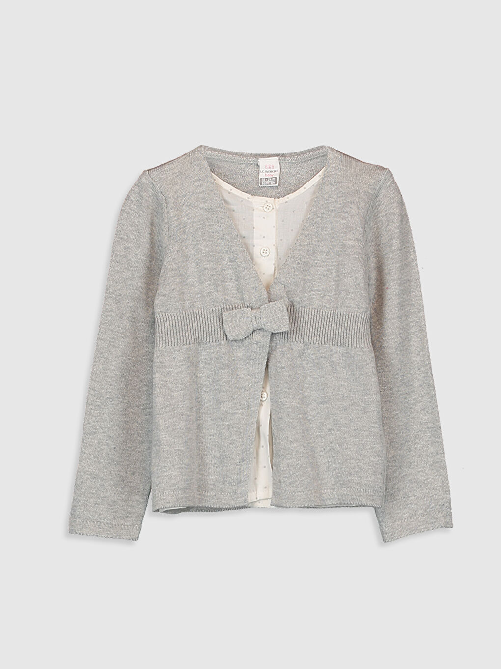 Gri V Yaka Uzun Kollu Fiyonk Detaylı Kız Bebek Triko Hırka