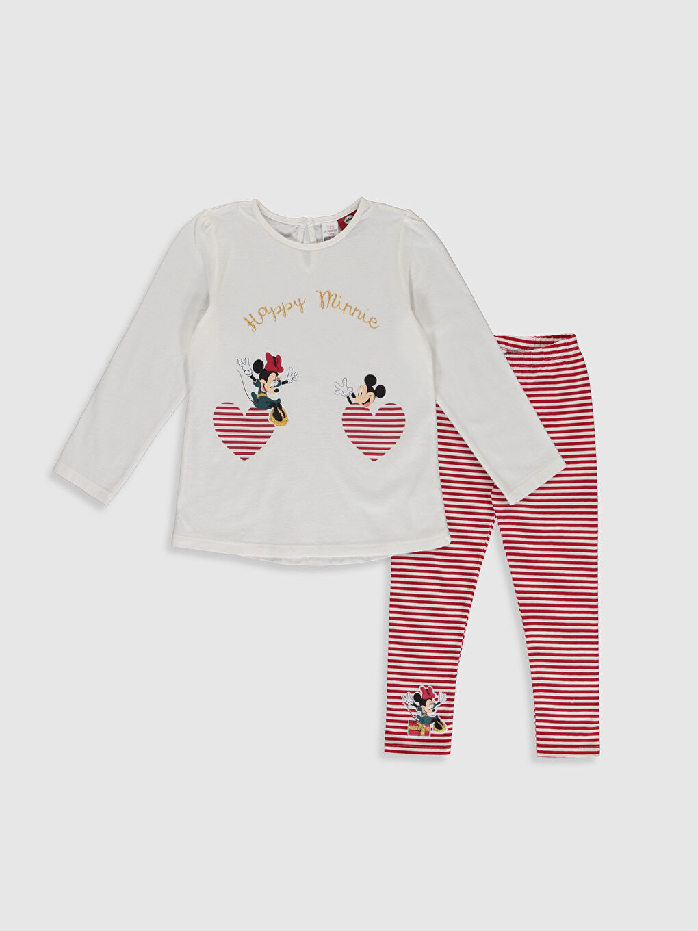 Ekru Kız Bebek Mickey Mouse Baskılı Tişört ve Tayt