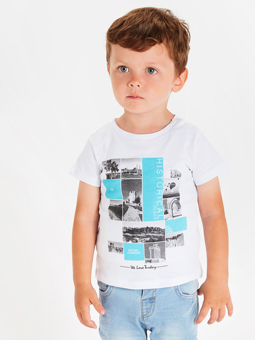 Beyaz Erkek Bebek Baskılı Pamuklu Tişört Baba Oğul Kombini