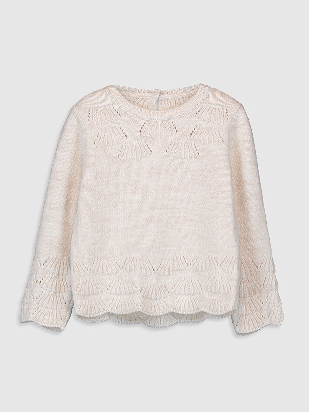 Ekru Bisiklet Yaka Uzun Kol Kendinden Desenli Kız Bebek Triko Kazak