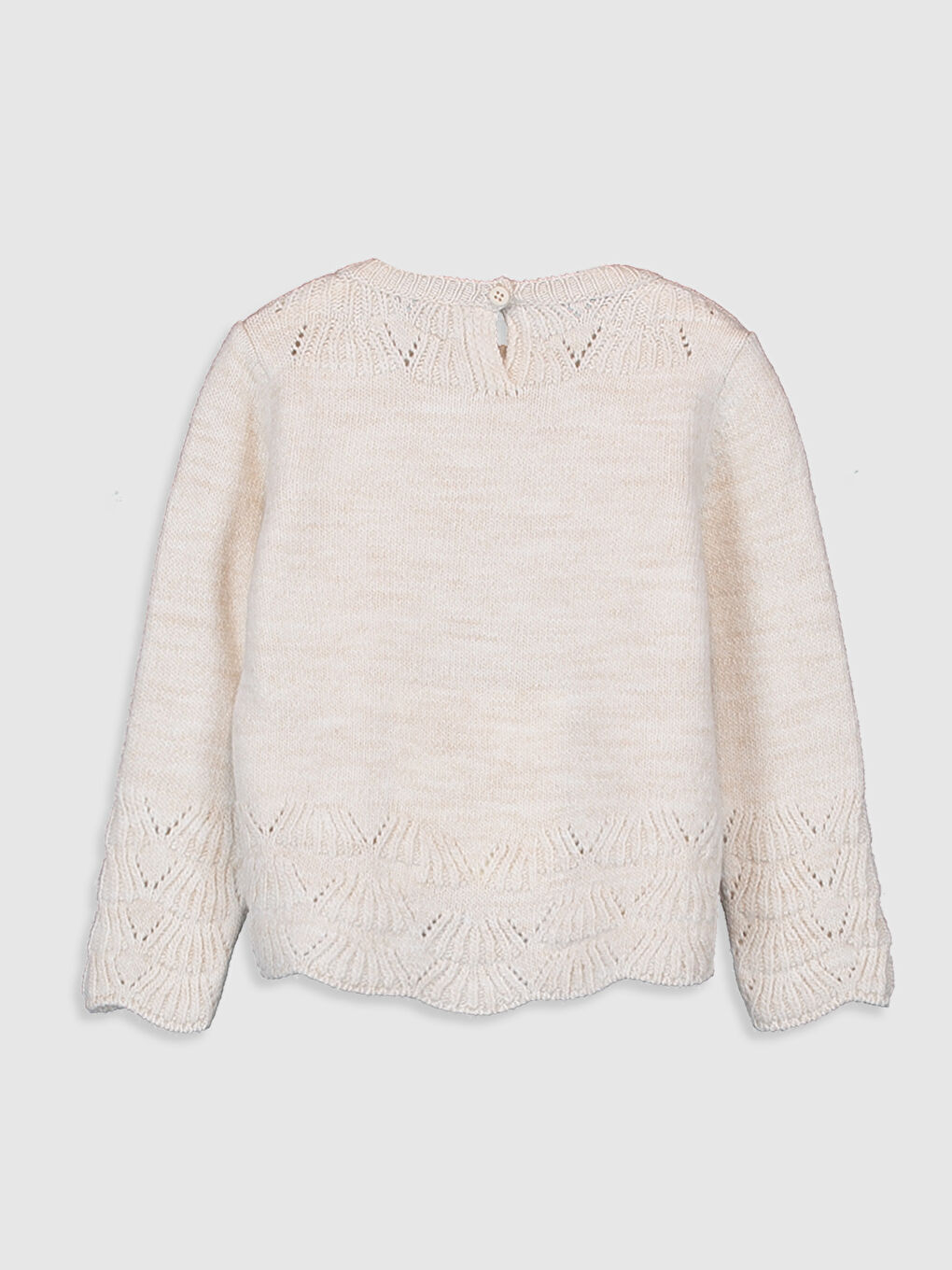 Ekru Bisiklet Yaka Uzun Kol Kendinden Desenli Kız Bebek Triko Kazak-1