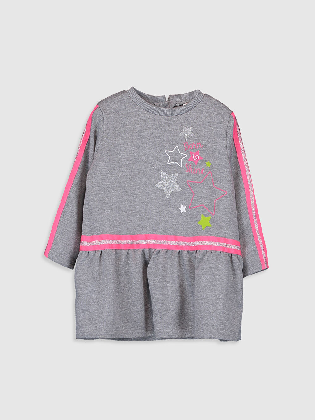 Gri Bisiklet Yaka Uzun Kollu Baskılı Kız Bebek Elbise